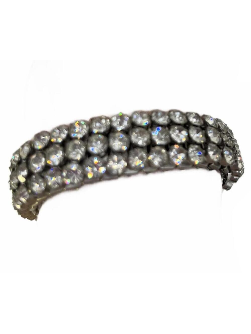 Stretch Bracelet with Clear Rhinestones - Silver Tone 3 Rows Sparkle Gemstones